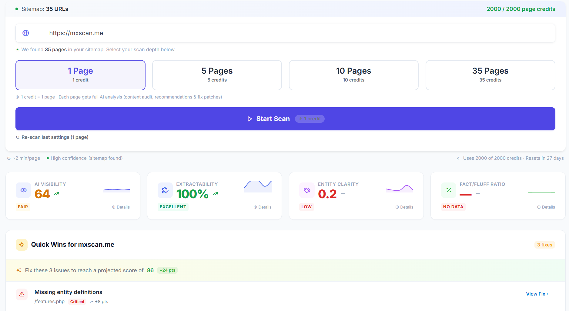 Amisora site scan - AI visibility, extractability, entity clarity scores and quick wins
